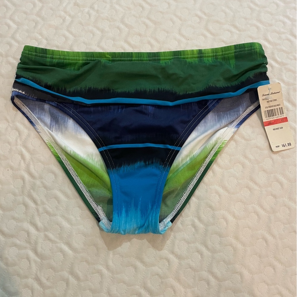 NWT Tommy Bahama Hazy Kat Stripe Bikini Bottom Peacock Blue Size XS Swim Beach